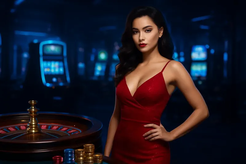 Elegant Casino Banner Beautiful woman in red dress standing near roulette and slot machines in luxury Bangladesh casino with neon lights, gold coins, and poker chips