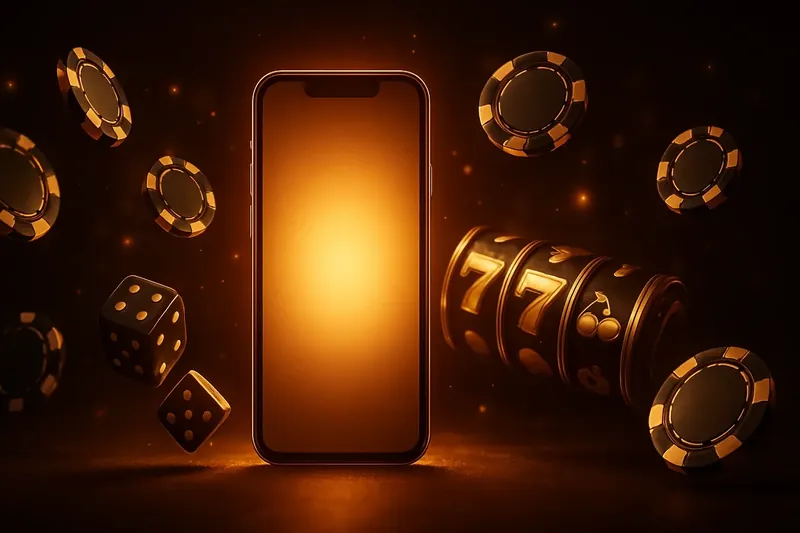 Glowing Smartphone Casino Banner Panoramic banner with glowing smartphone, floating casino chips, slot reels, dice, gold accents, and festive lighting